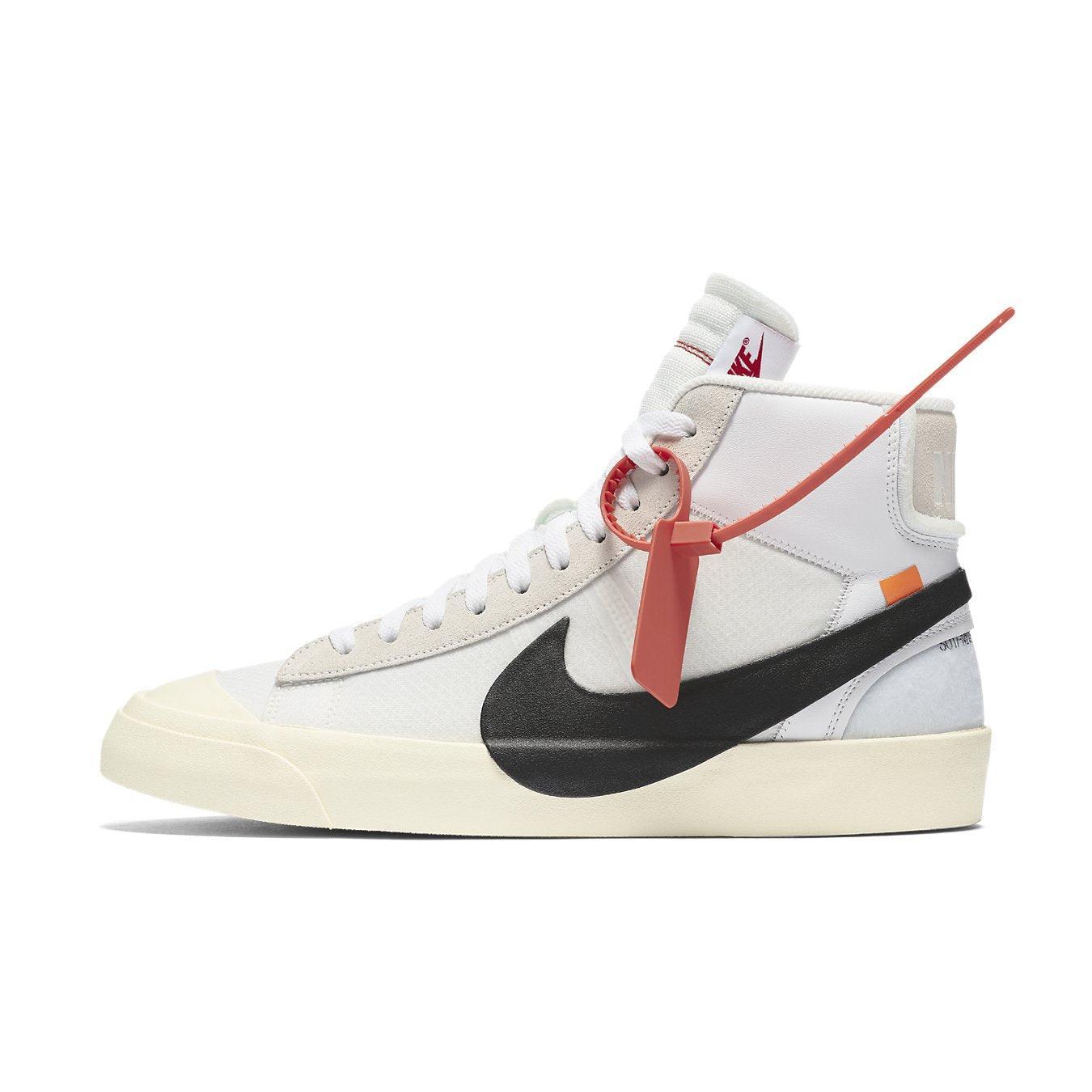 Nike Blazer Mid Off-White featuring cream midsole, black Swoosh, and vibrant orange accents.