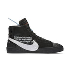 Nike Blazer Mid Off-White Grim Reaper sneaker with black upper and white Swoosh branding.