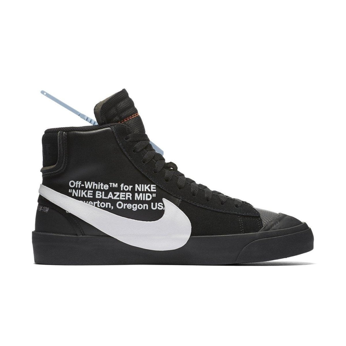 Nike Blazer Mid Off-White Grim Reaper sneaker with black upper and white Swoosh branding.