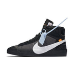 Nike Blazer Mid Off-White Grim Reaper sneaker in black with white swoosh and blue tag, inspired by autumn themes.