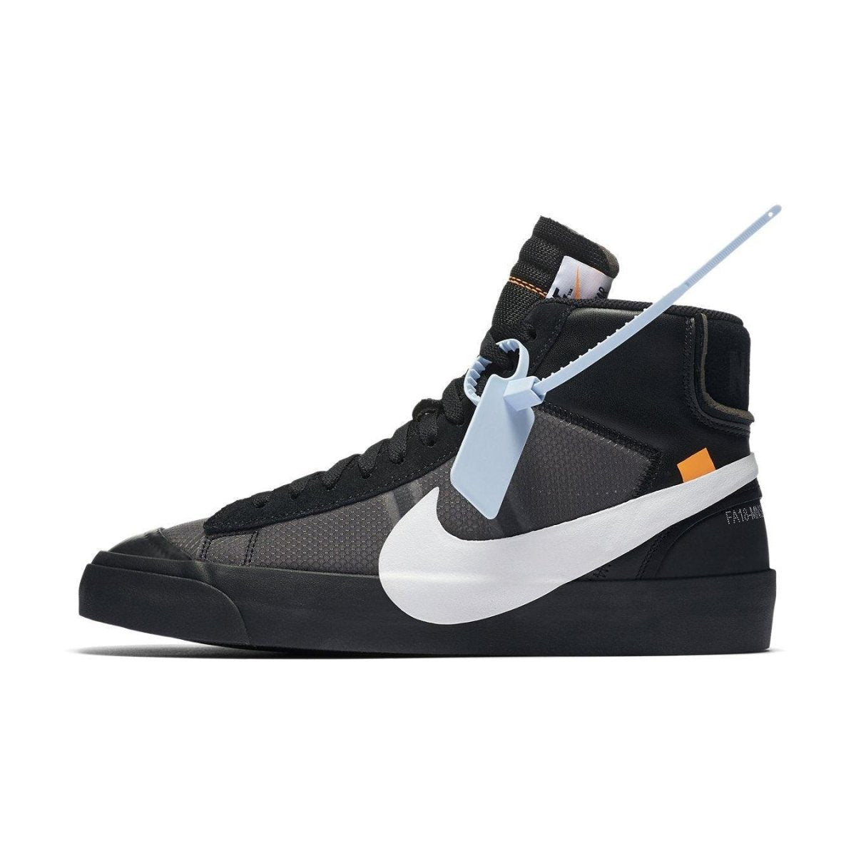 Nike Blazer Mid Off-White Grim Reaper sneaker in black with white swoosh and blue tag, inspired by autumn themes.