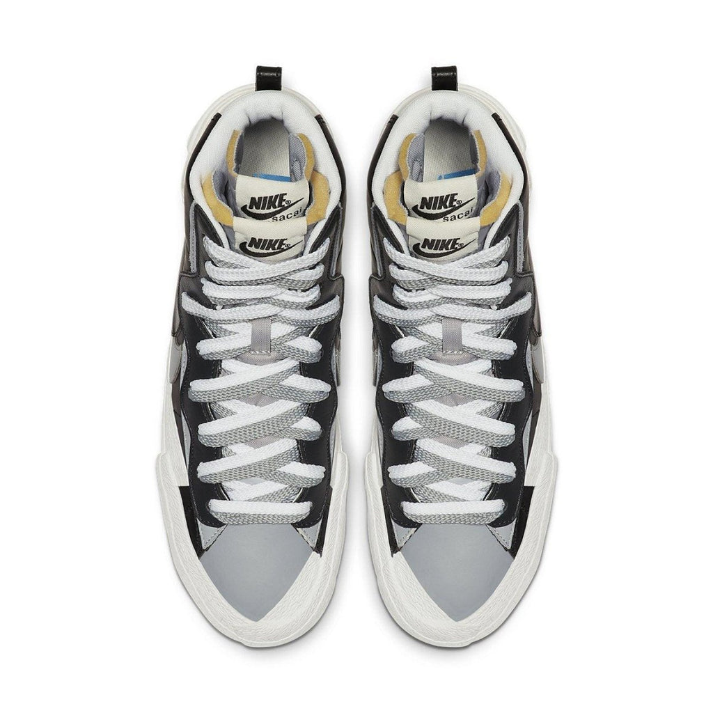Nike Blazer Mid sacai Black Grey sneakers with black, grey, and white colorway, showcasing unique design elements.