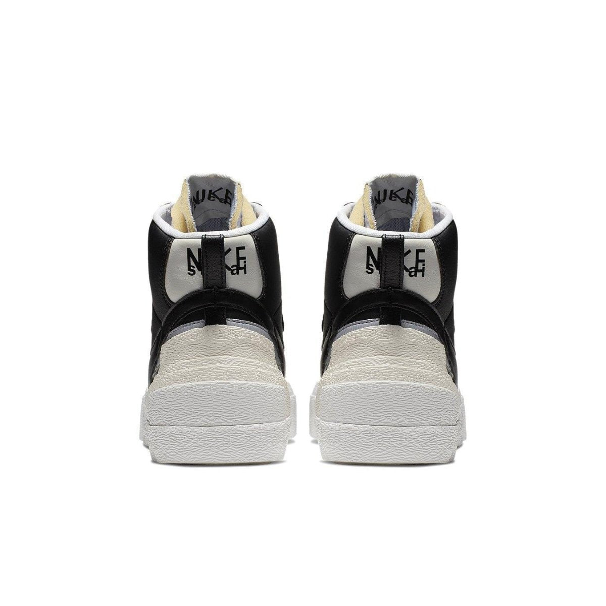 Nike Blazer Mid sacai Black Grey sneaker rear view showcasing stylish design and color contrast.
