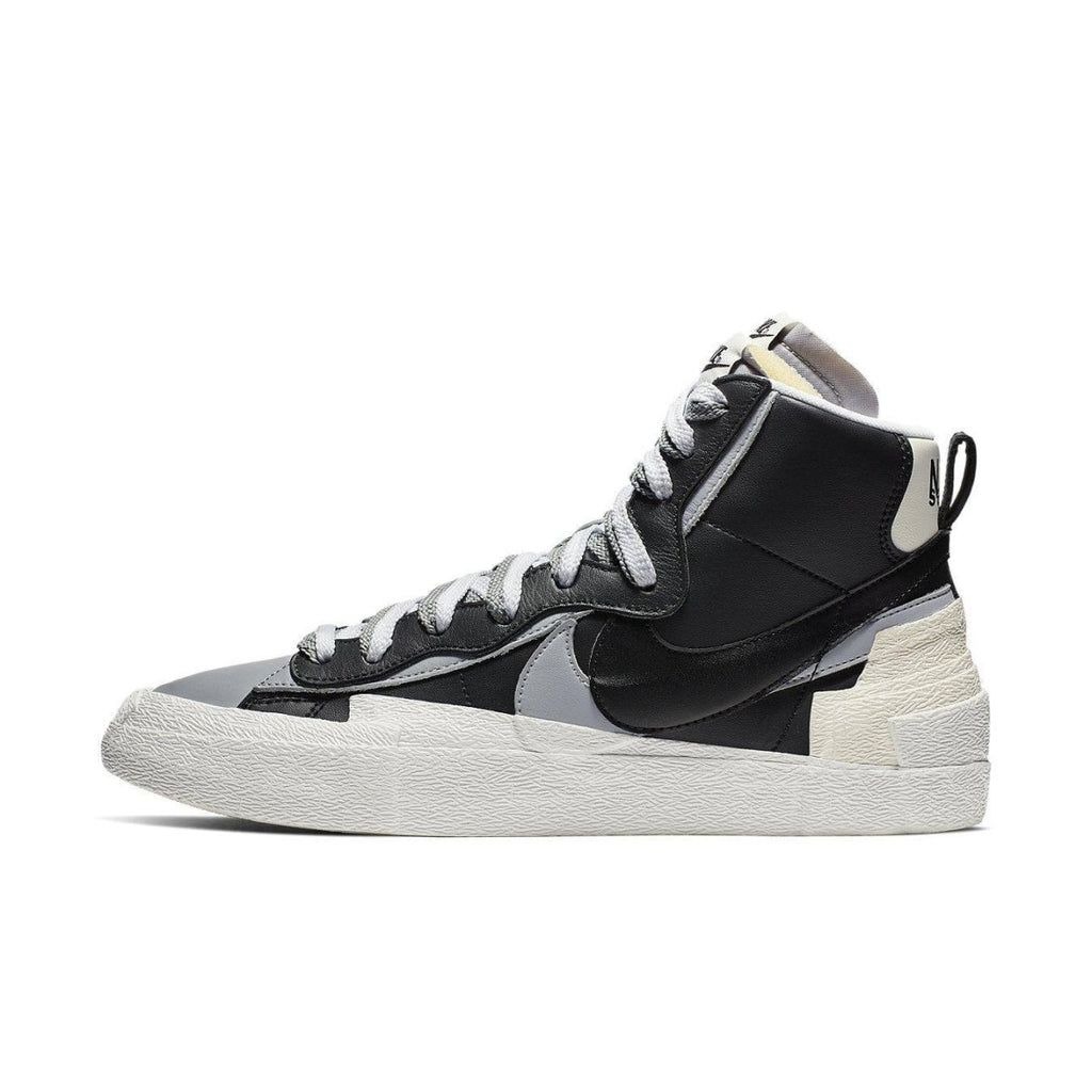 Nike Blazer Mid sacai in black, grey, and white, featuring a deconstructed design for autumn and winter wear.