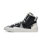 Nike Blazer Mid sacai in black, grey, and white, featuring a deconstructed design for autumn and winter wear.
