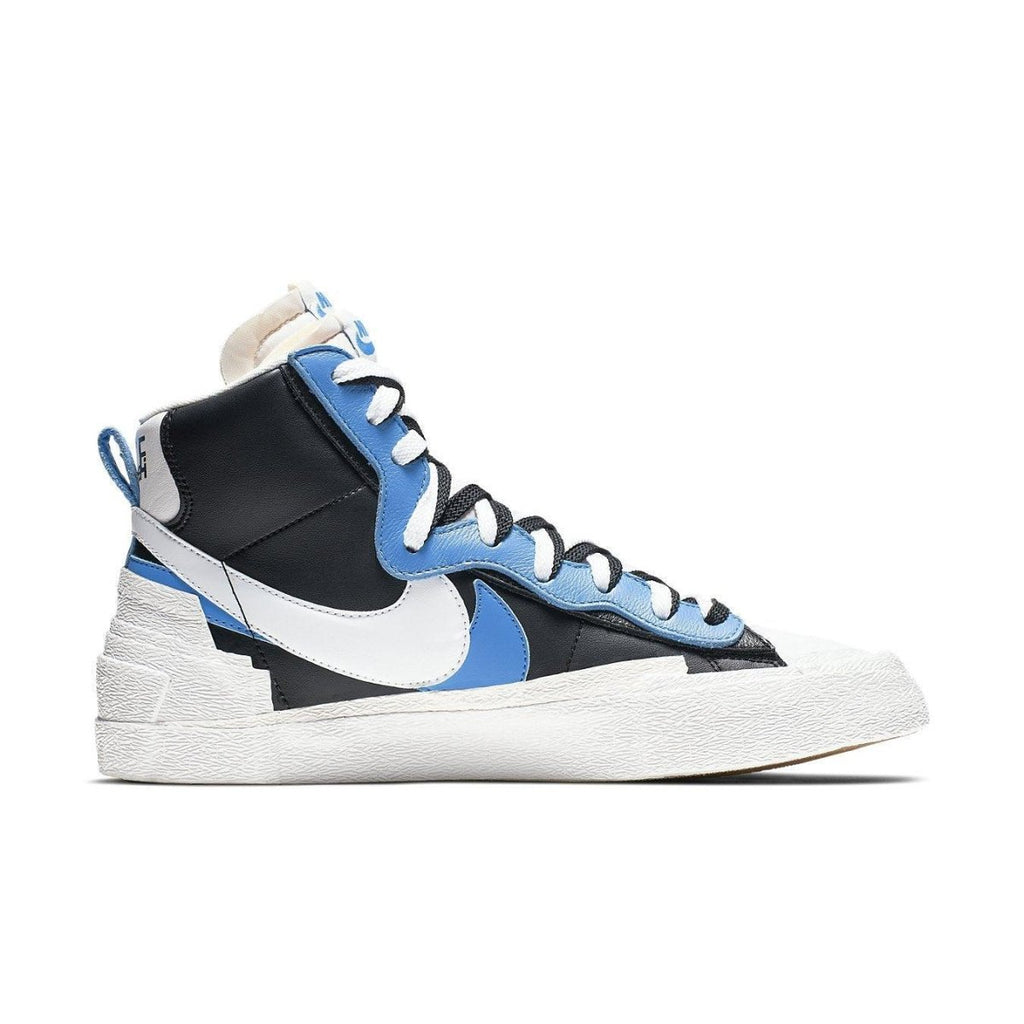 Nike Blazer Mid sacai in Legend Blue and Black, featuring a unique design inspired by Dunk High elements.