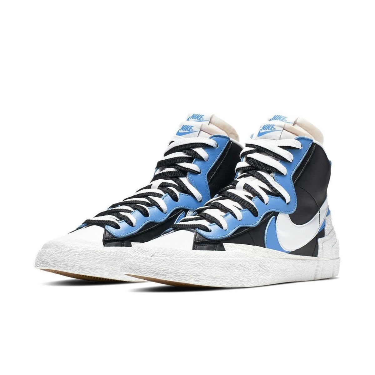 Nike Blazer Mid sacai Legend Blue sneakers featuring black and blue colorway with distinctive Sacai design.