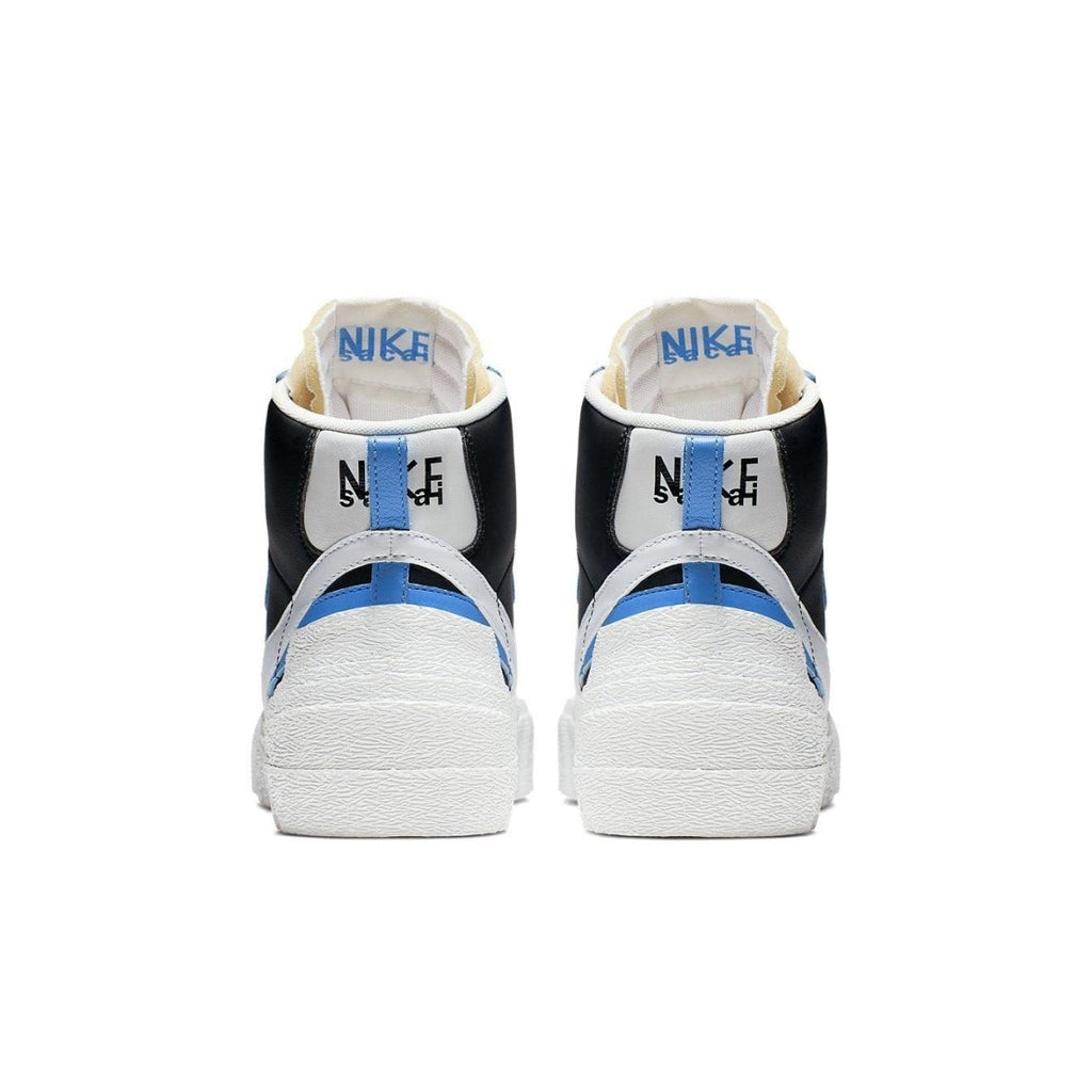 Nike Blazer Mid sacai Legend Blue sneaker rear view with unique design and blue accents.