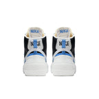 Nike Blazer Mid sacai Legend Blue sneaker rear view with unique design and blue accents.