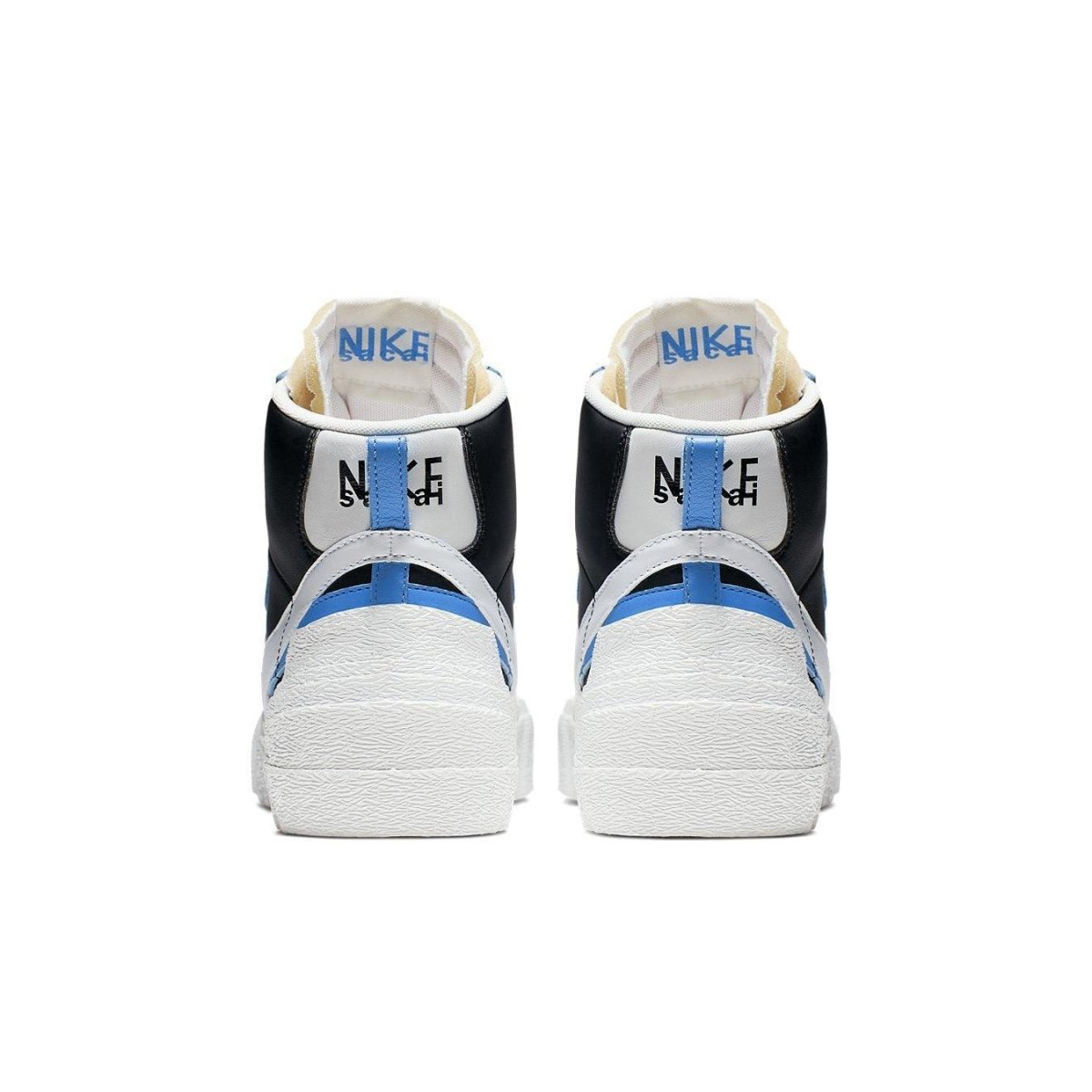 Nike Blazer Mid sacai Legend Blue sneaker rear view with unique design and blue accents.