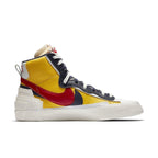 Nike Blazer Mid sacai Snow Beach, yellow and navy leather sneaker, unique hybrid design inspired by classic models.