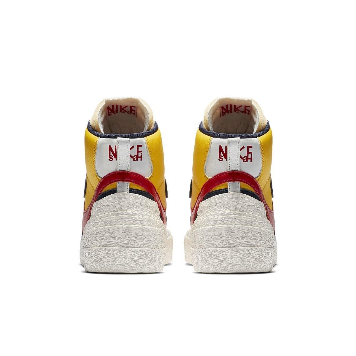 Nike Blazer Mid sacai Snow Beach rear view with colorful design and dual branding details.