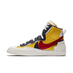 Nike Blazer Mid sacai Snow Beach sneaker in yellow, navy, and red colorway, showcasing hybrid basketball design.