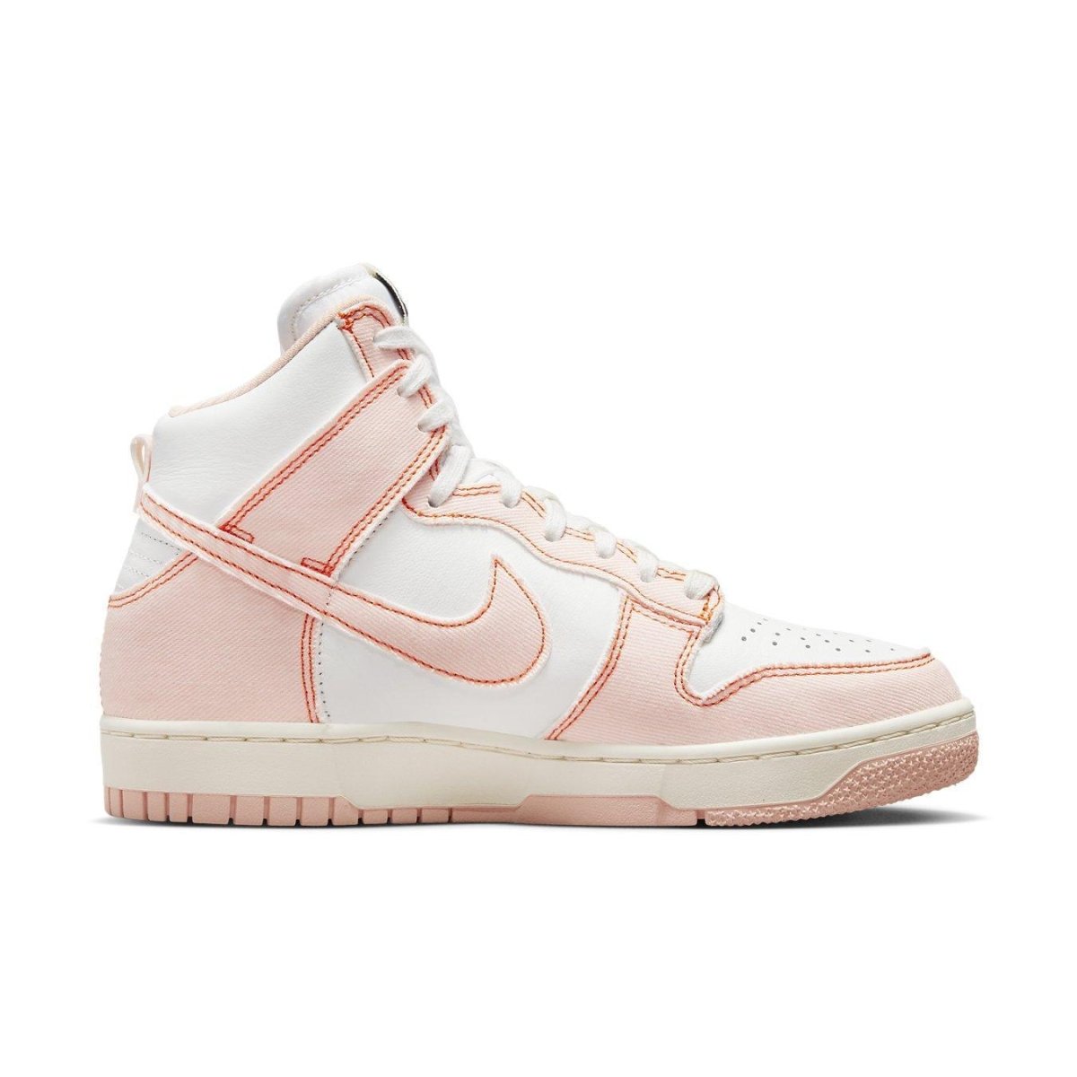 Nike Dunk High 1985 Arctic Orange (W) sneaker featuring washed denim and vibrant contrast stitching.