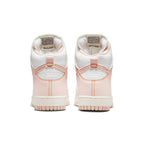 Back view of Nike Dunk High 1985 Arctic Orange sneakers showcasing soft pink and white design elements.