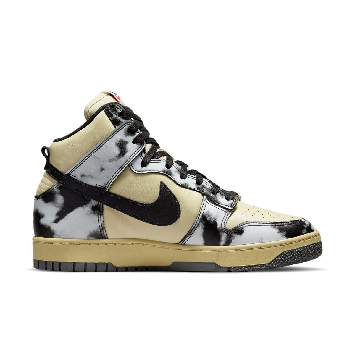 Nike Dunk High 1985 in Black Acid Wash with leather upper and iconic black Swoosh design.