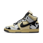 Nike Dunk High 1985 Black Acid Wash sneakers with unique black and beige cow print design and signature Swoosh.