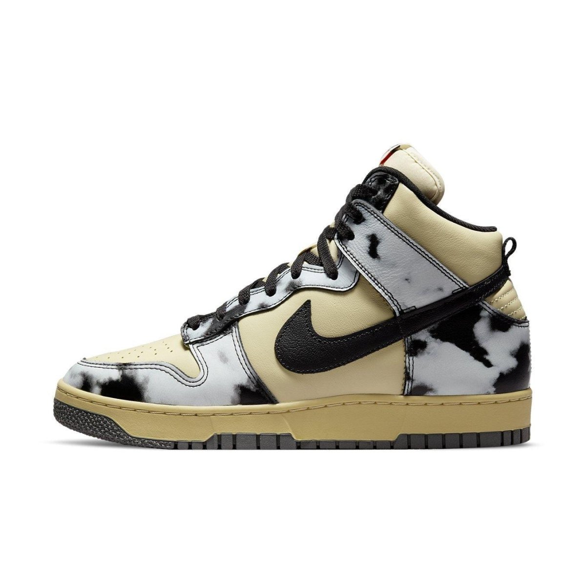 Nike Dunk High 1985 Black Acid Wash sneakers with unique black and beige cow print design and signature Swoosh.