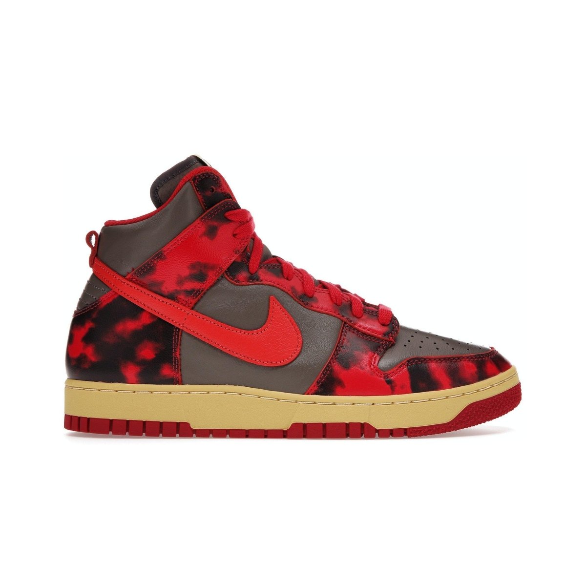 Nike Dunk High 1985 Red Acid Wash sneakers featuring University Red overlays and light grey leather.