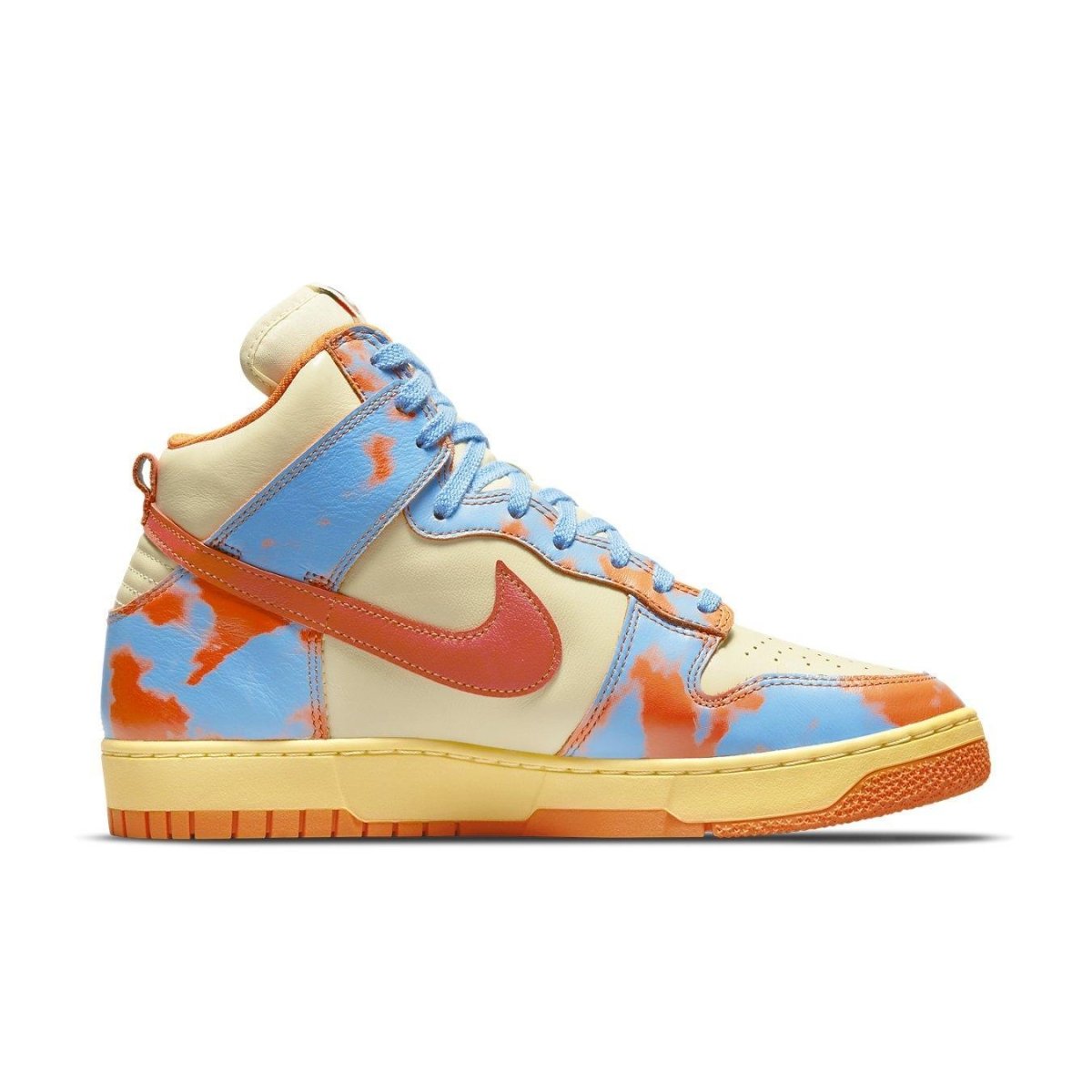 Nike Dunk High 1985 SP Orange Acid Wash featuring smooth leather and vibrant blue and orange colorway.