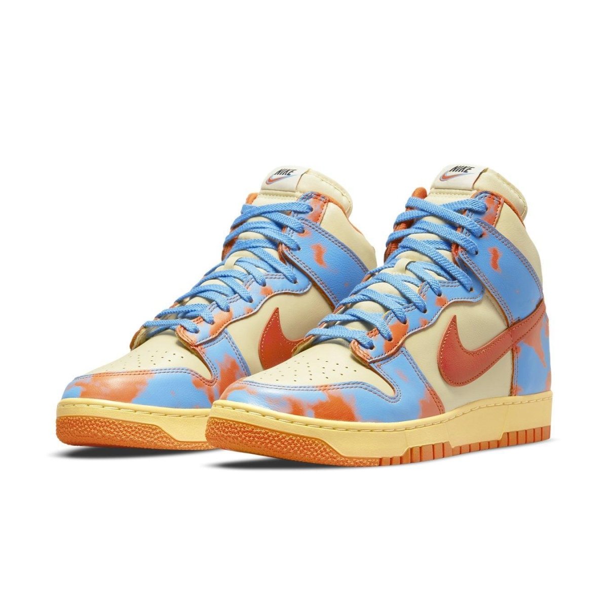 Nike Dunk High 1985 SP Orange Acid Wash in ivory, blue, and orange, showcasing a stylish acid wash design.