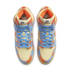 Nike Dunk High 1985 SP Orange Acid Wash sneakers top view in ivory, blue, and orange colorway.