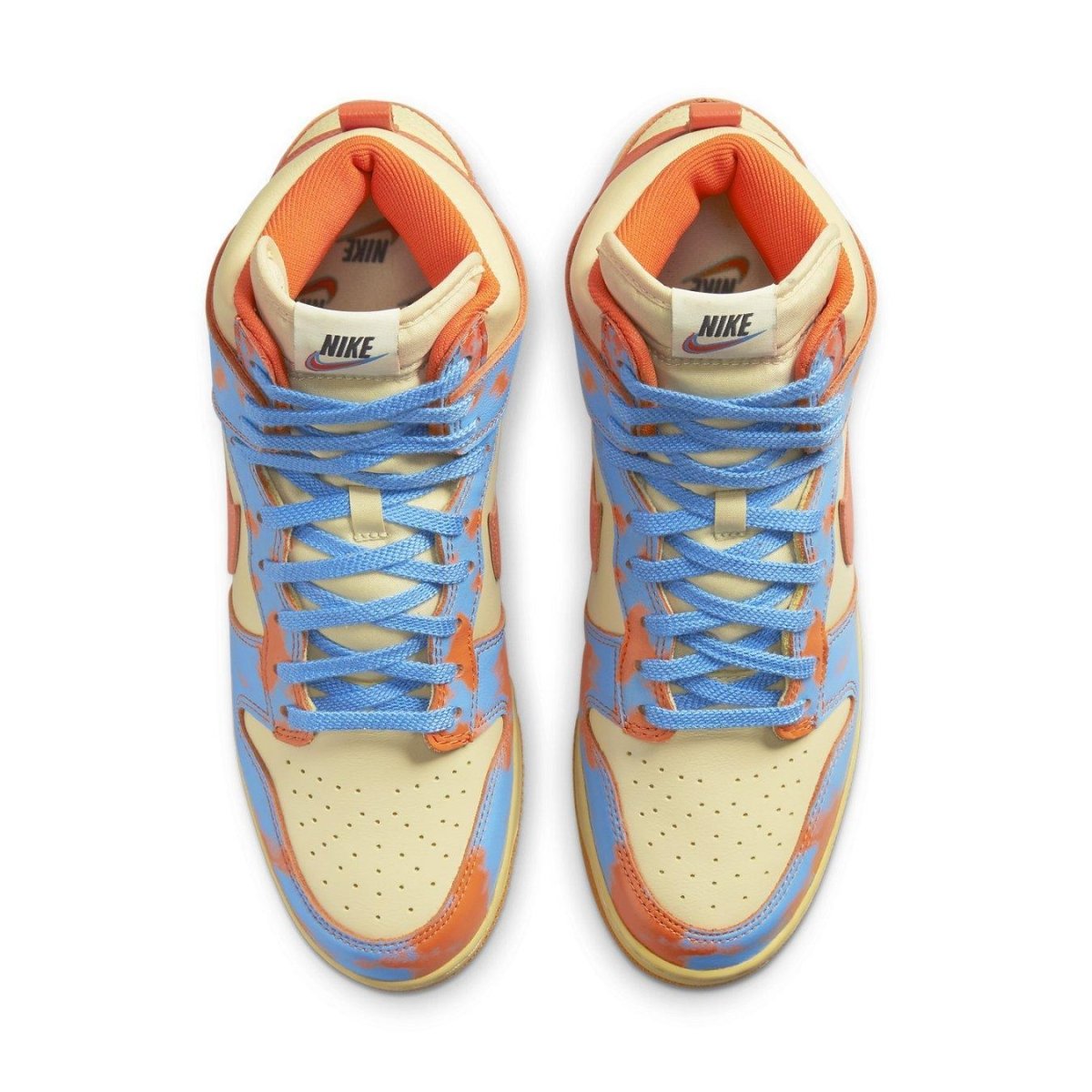 Nike Dunk High 1985 SP Orange Acid Wash sneakers top view in ivory, blue, and orange colorway.