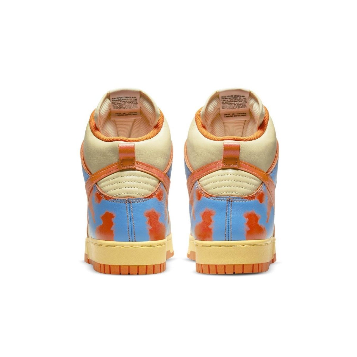 Nike Dunk High 1985 SP Orange Acid Wash sneakers, showing the back view with vibrant orange and blue acid wash design.