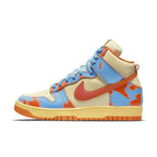 Nike Dunk High 1985 SP Orange Acid Wash sneaker featuring blue and orange acid wash design on a smooth leather upper.