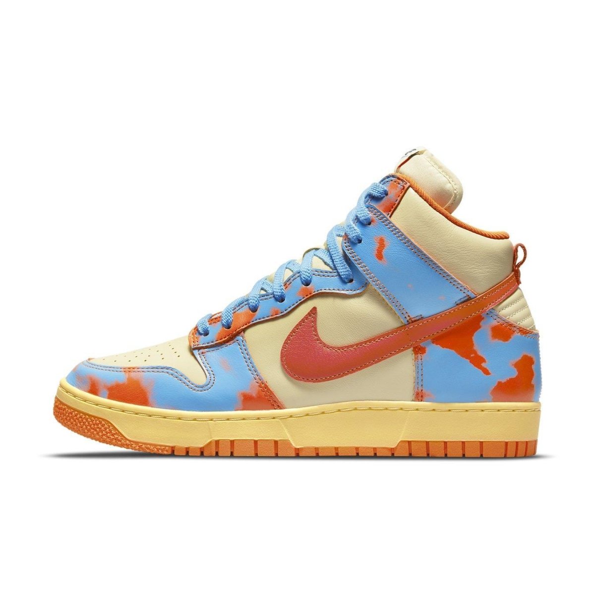 Nike Dunk High 1985 SP Orange Acid Wash sneaker featuring blue and orange acid wash design on a smooth leather upper.