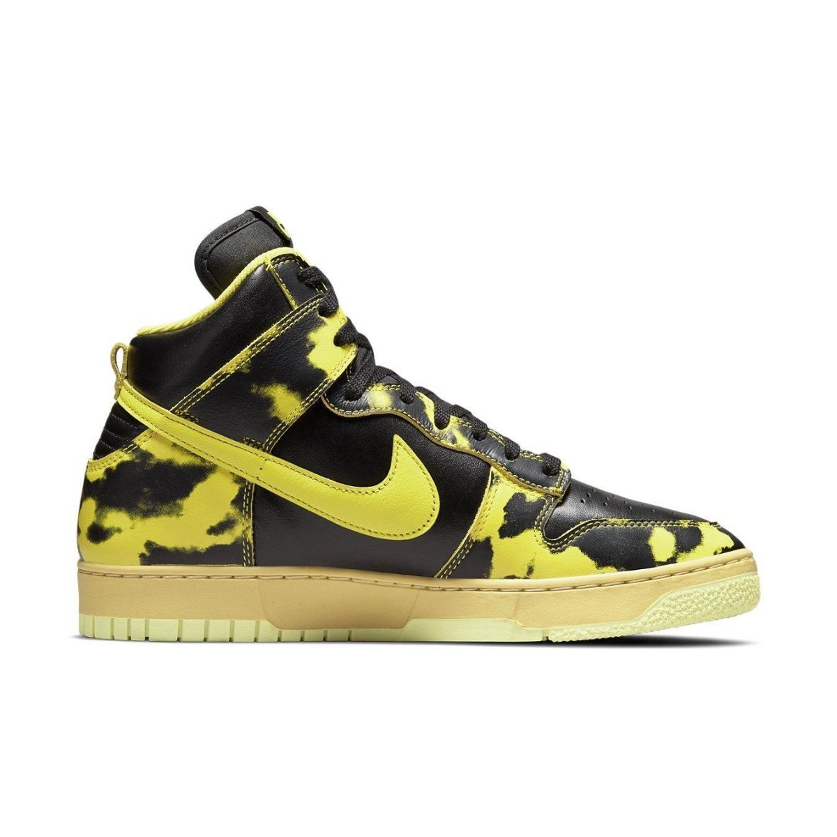 Nike Dunk High 1985 SP in Yellow Acid Wash design with black and yellow pattern.