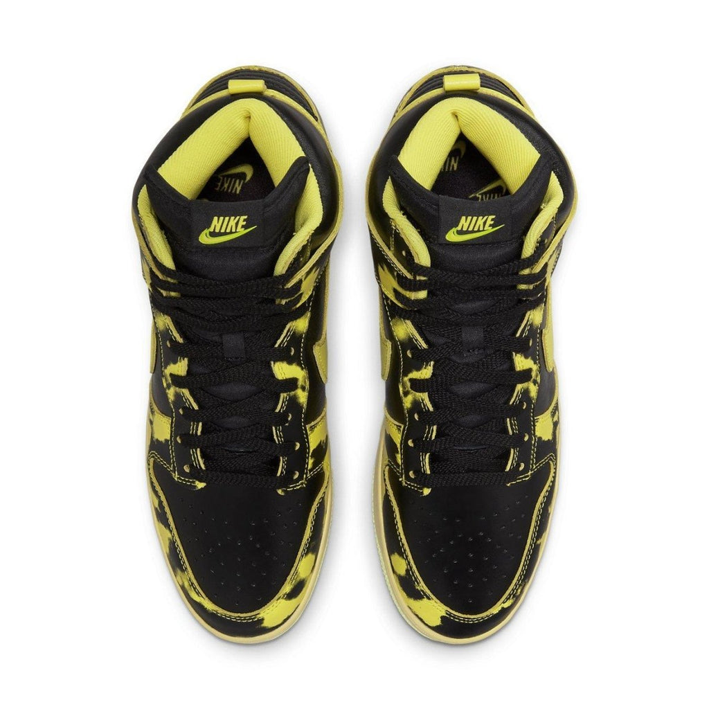 Nike Dunk High 1985 SP Yellow Acid Wash sneakers view from above, featuring a black and yellow color scheme.