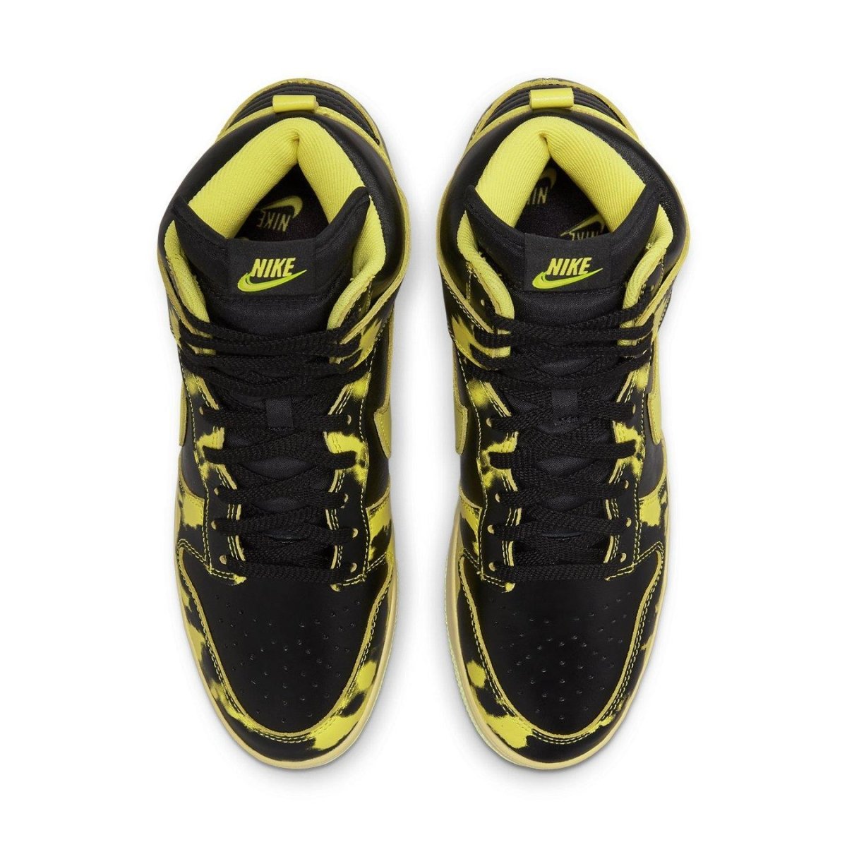 Nike Dunk High 1985 SP Yellow Acid Wash sneakers view from above, featuring a black and yellow color scheme.