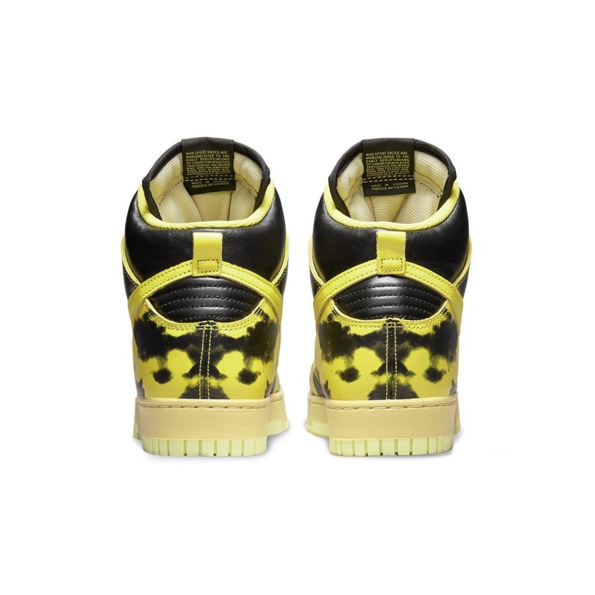 Nike Dunk High 1985 SP Yellow Acid Wash sneakers, back view showing black and yellow design.