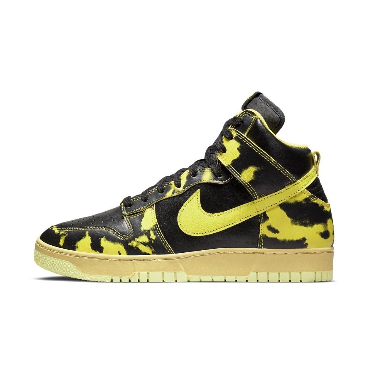Nike Dunk High 1985 SP Yellow Acid Wash sneakers with a black and yellow design.