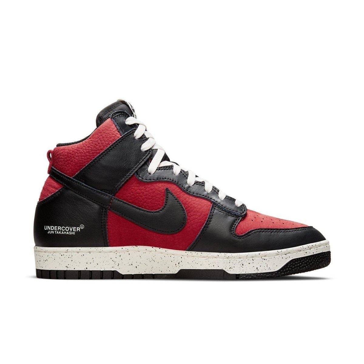 Nike Dunk High 1985 Undercover UBA in red and black with speckled sole, designed by Jun Takahashi for Undercover Basketball.