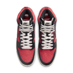 Nike Dunk High 1985 Undercover UBA with red nubuck and smooth black leather, top view showing intricate lacing and design.