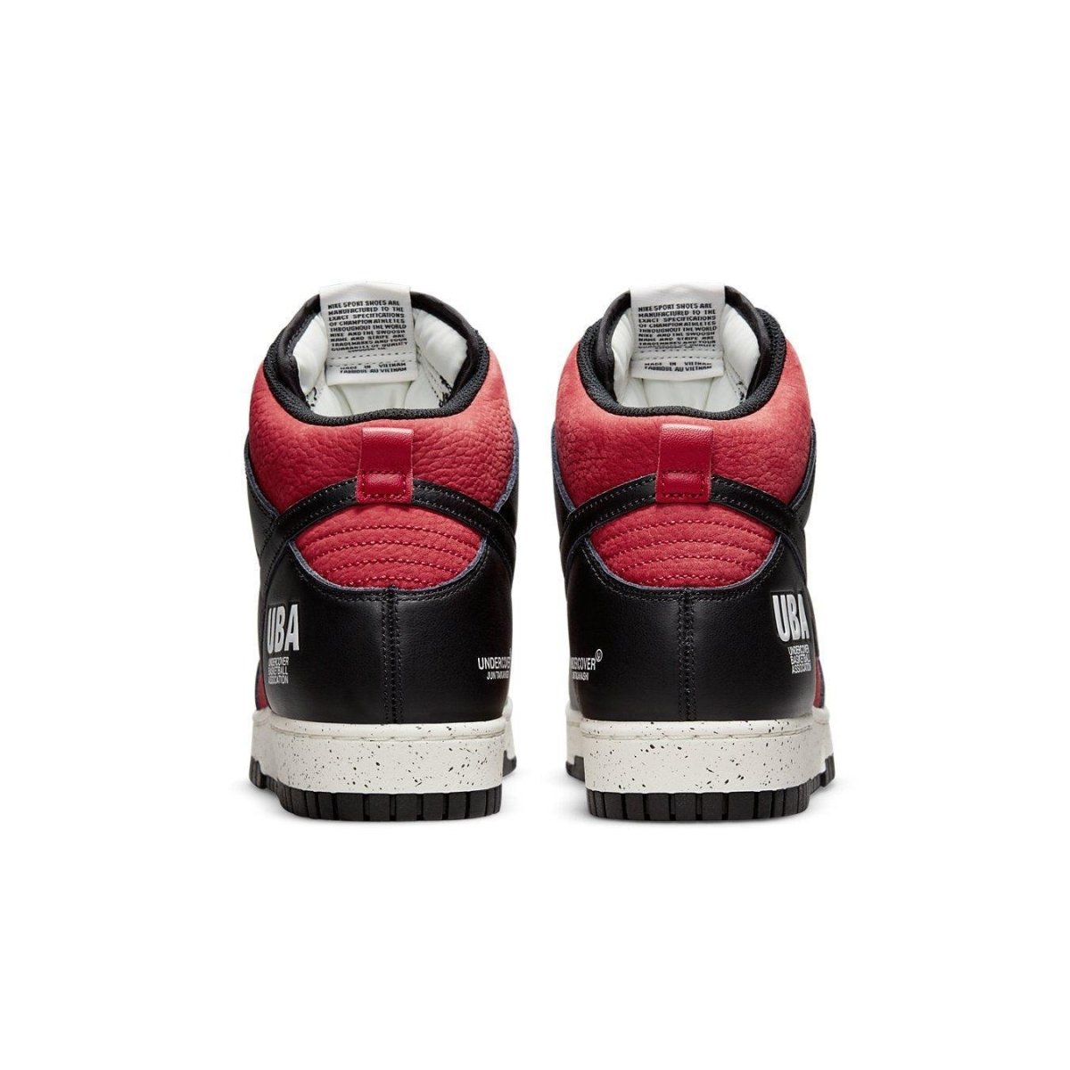 Nike Dunk High 1985 Undercover UBA sneakers rear view featuring red nubuck and black leather design.