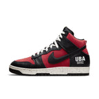 Nike Dunk High 1985 Undercover UBA, red nubuck upper, smooth black leather, classic 80s sneaker design.
