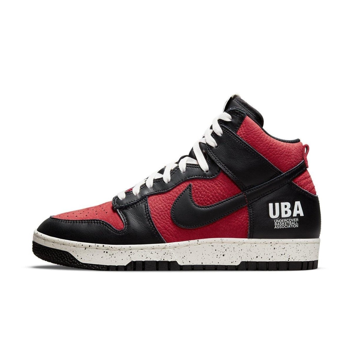 Nike Dunk High 1985 Undercover UBA, red nubuck upper, smooth black leather, classic 80s sneaker design.