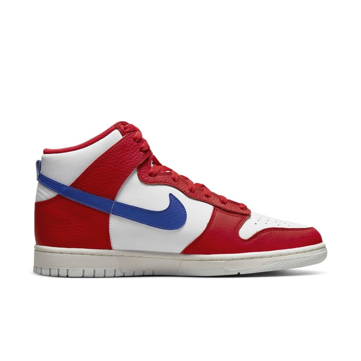 Nike Dunk High 4th of July 2022 in red, white, and blue with Swoosh detailing and smooth leather design.