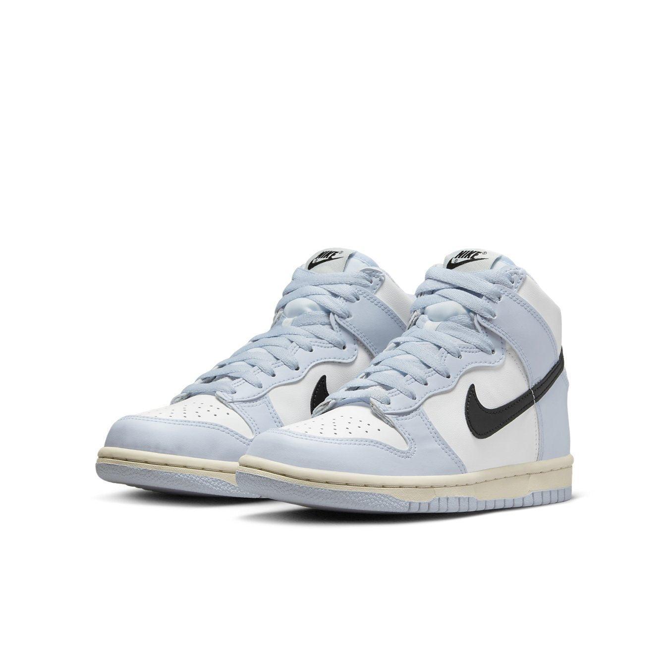 Nike Dunk High Aluminum (GS) sneakers in smooth white and aluminum leather with black swoosh and vintage-style sole.