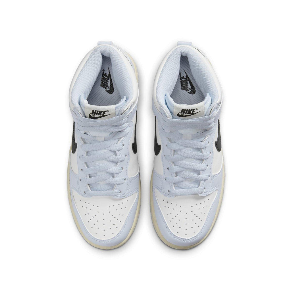 Nike Dunk High Aluminum (GS) top view showcasing smooth white leather and black Swoosh accents.