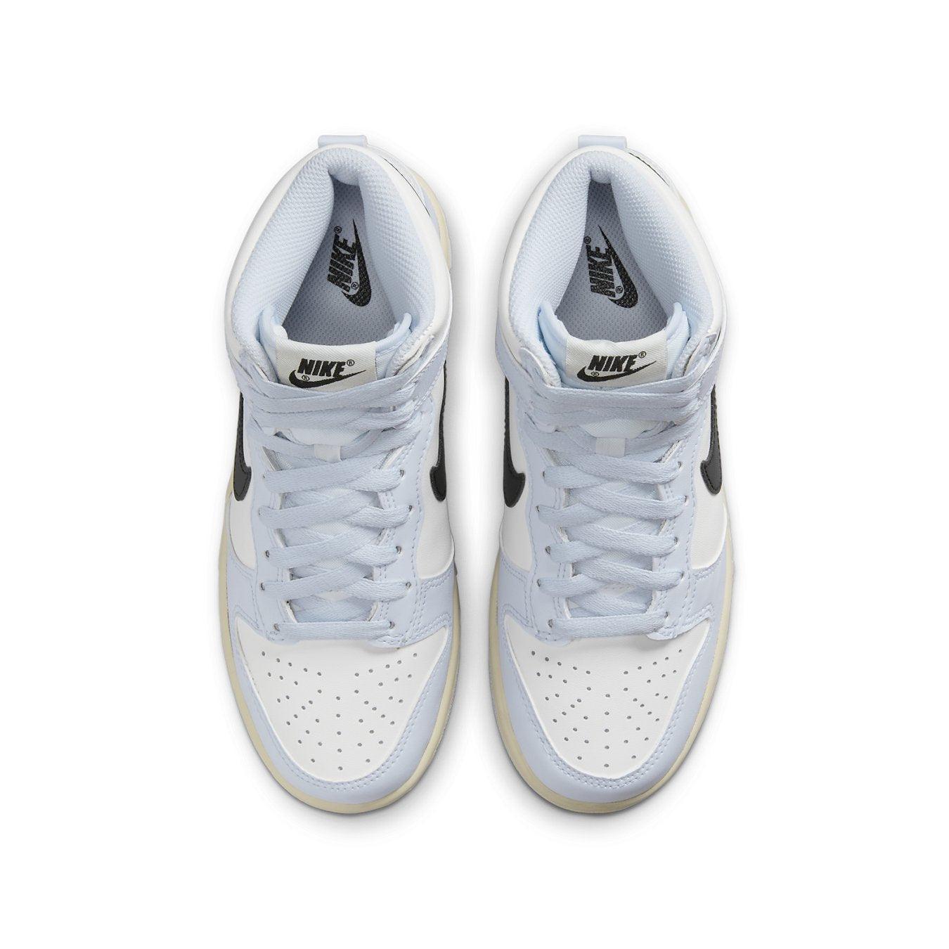 Nike Dunk High Aluminum (GS) top view showcasing smooth white leather and black Swoosh accents.
