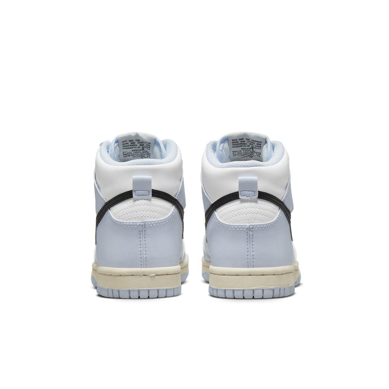 Rear view of Nike Dunk High Aluminum (GS) showcasing contrasting blue and black accents with vintage-inspired sole.