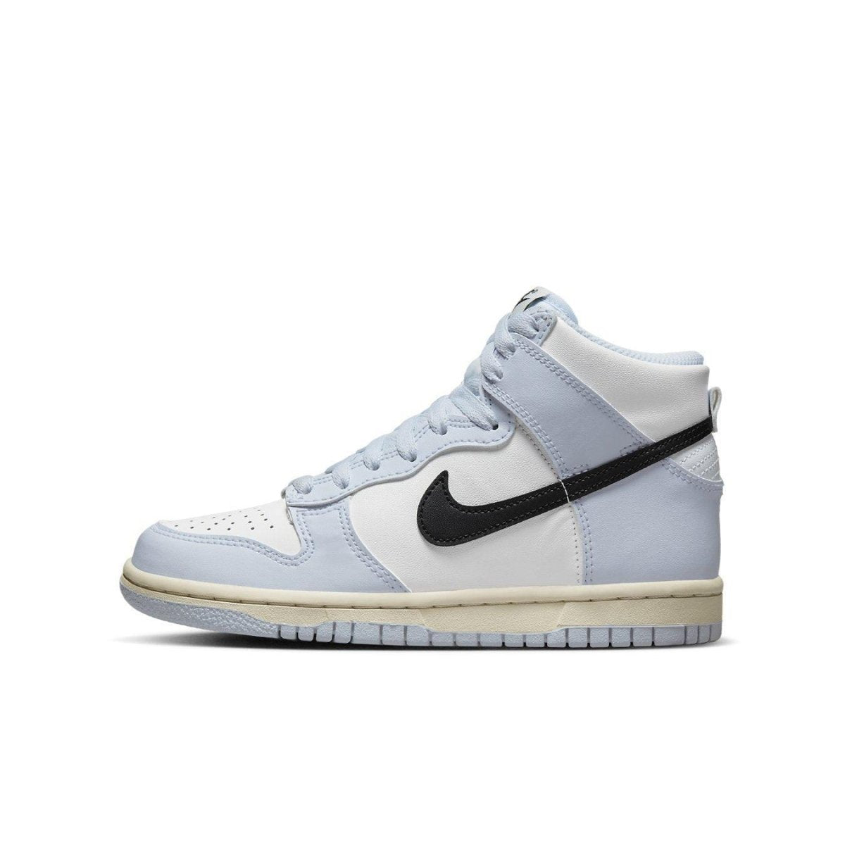 Nike Dunk High Aluminum GS, high-top sneaker with white leather, blue accents, and black Swoosh, vintage aesthetic.