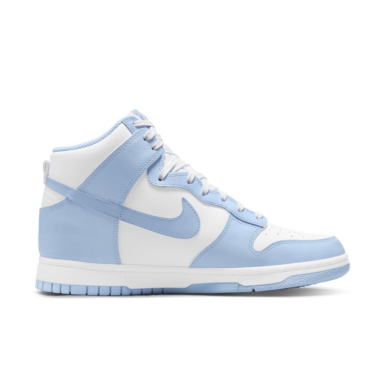 Nike Dunk High Aluminum Women's sneakers in light blue and white, featuring premium leather design.