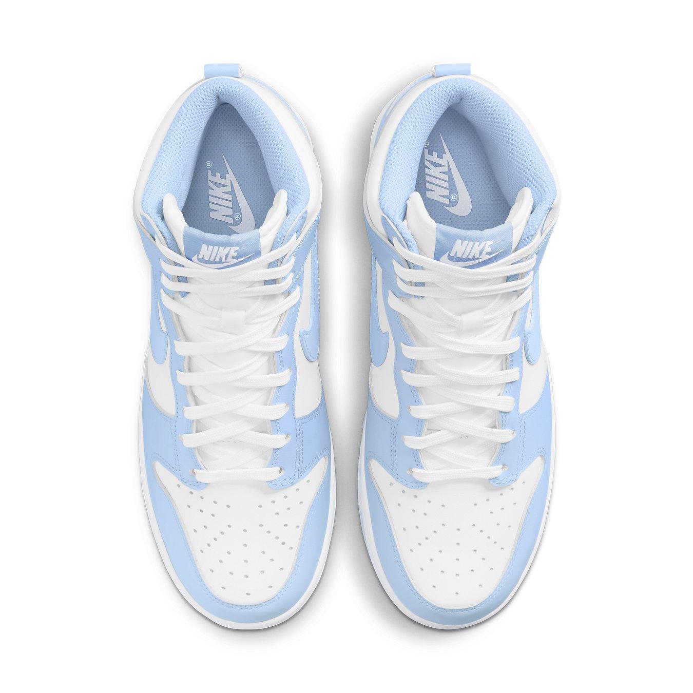 Nike Dunk High Aluminum (W) sneakers in light blue and white from above view.