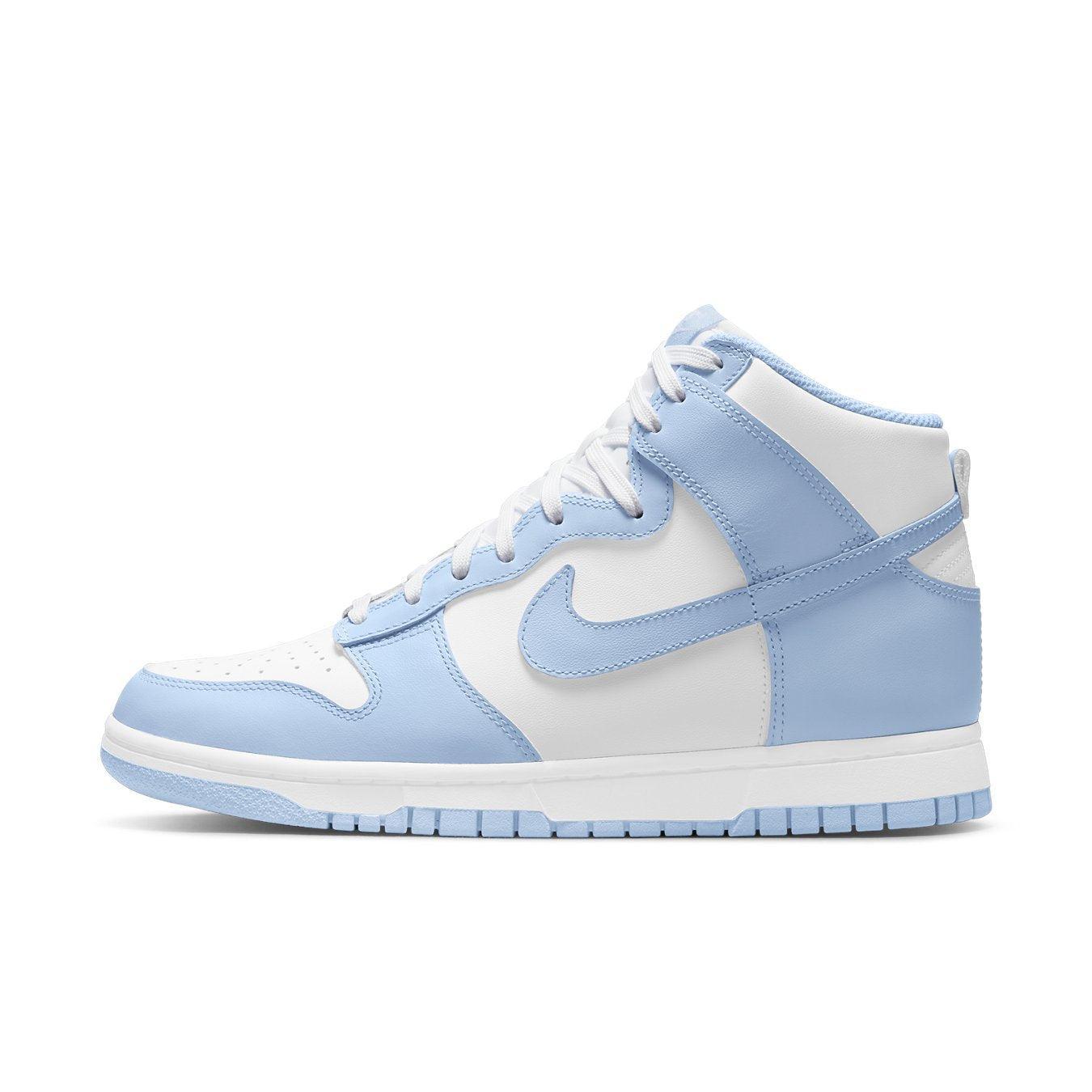 Nike Dunk High Aluminum (W) in white and light blue colorway, showcasing premium leather upper and stylish design.