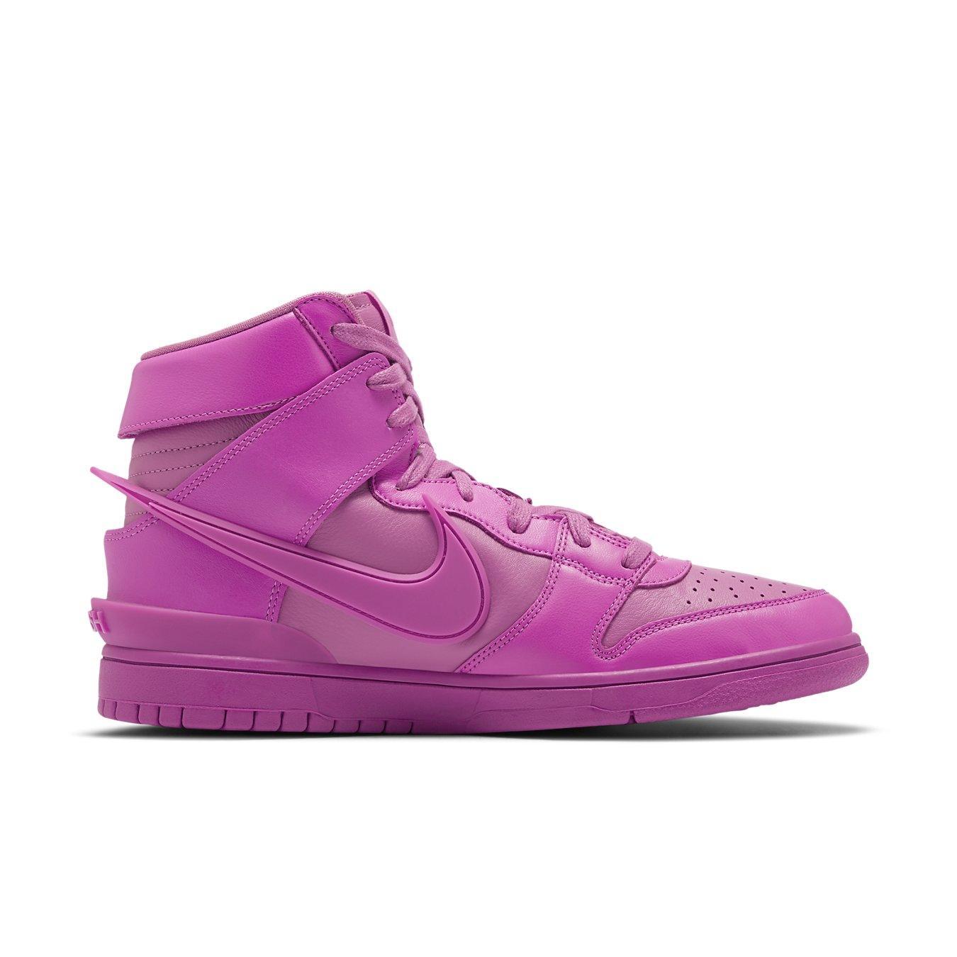 Nike Dunk High Ambush in Active Fuchsia, featuring a monochromatic pink leather upper and sculpted Swoosh.